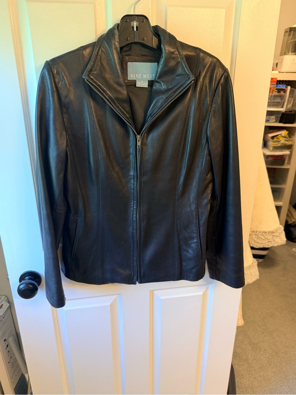 Nine West Medium Black 100% Genuine Leather Moto-Style Zip Jacket